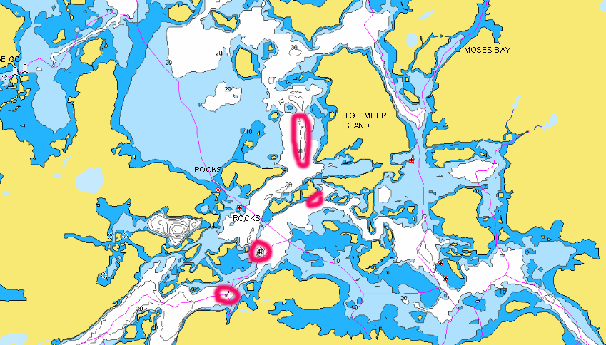 Chippewa Flowage, WI lake map around Big Timber island marked with fishing spots.