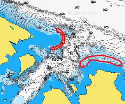 Red Butte area of Lake Sakakawea circled.