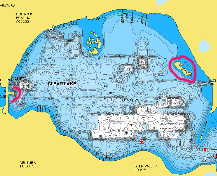 Clear Lake, Iowa lake map marked with shoreline fishing spots.