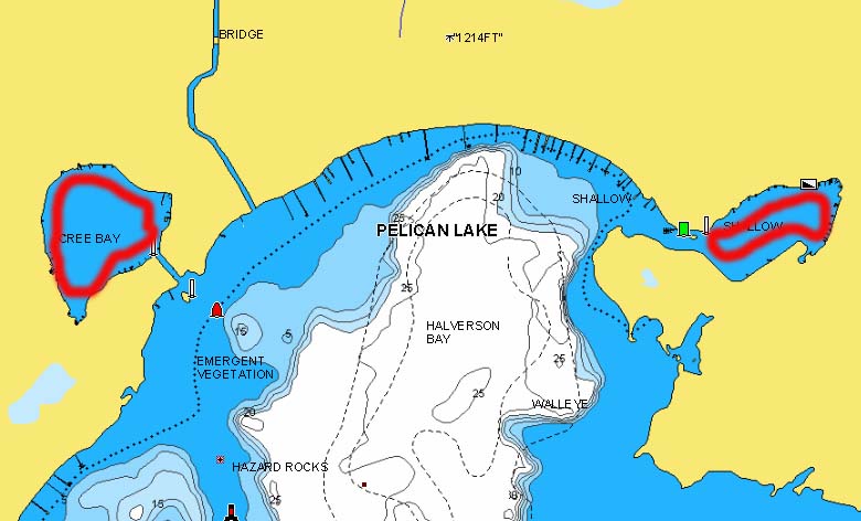 Cree Bay on Pelican Lake, MN circled.