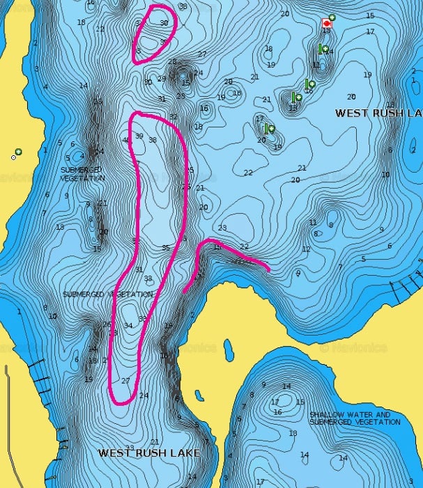 West Rush Lake, Minnesota lake map with main lake bar circled.
