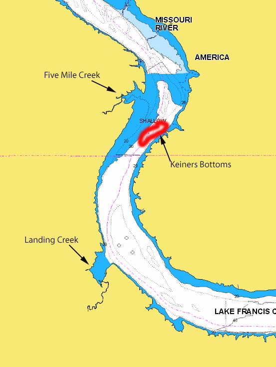 Keiners Bottoms circled on map of Lake Francis Case, SD.