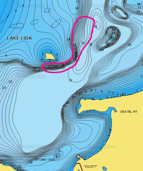 Mid-lake fishing spot on Lake Lida circled on the lake map.