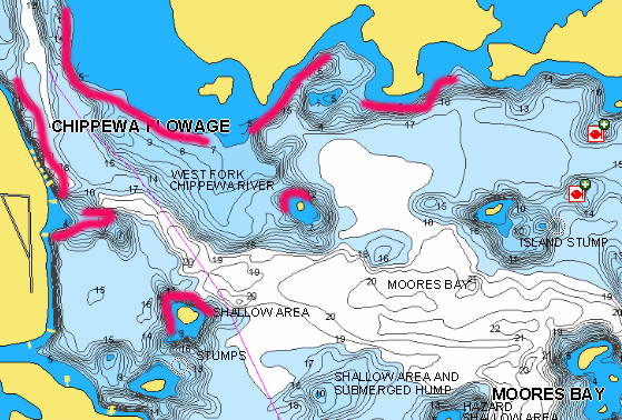 Chippewa Flowage, WI lake map around Moores Bay marked with fishing spots.