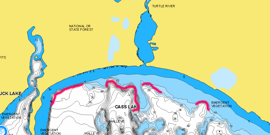 Cass Lake lake map with inside weedlines marked