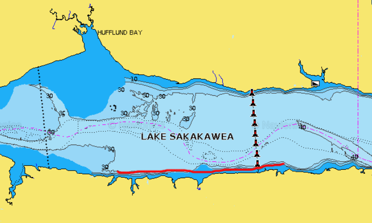 Main lake shoreline section of Lake Sakakawea, ND highlighted.
