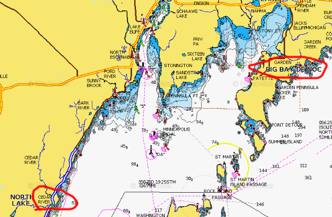 Big Bay De Noc marked on Green Bay lake map