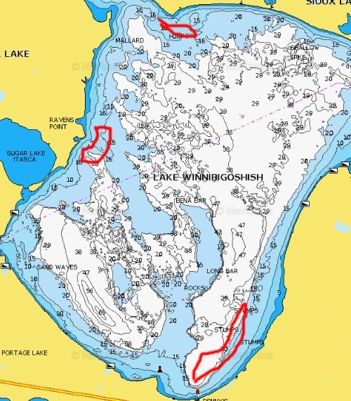 Lake map of Lake Winnibigoshish with three fishing areas circled.