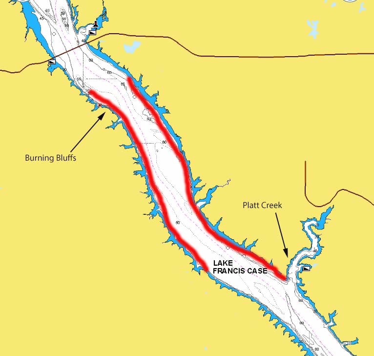 Burning Bluffs shoreline sections highlighted for fishing on Lake Francis Case, SD.