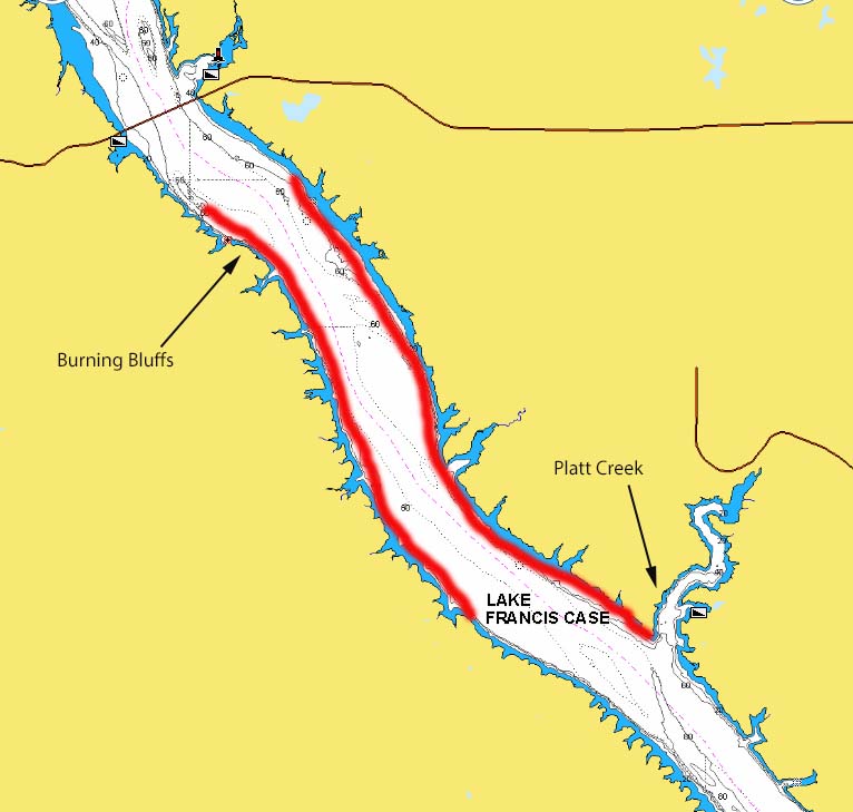 Burning Bluffs shoreline sections highlighted for fishing on Lake Francis Case, SD.