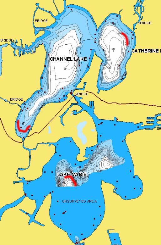 Fox Chain of Lakes, IL with fishing hot spots marked.