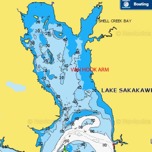 Lake Sakakawea, North Dakota lake map.