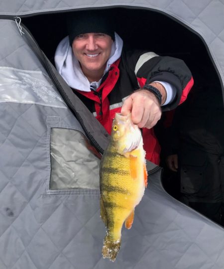 Ice fisherman holding up a yellow perch