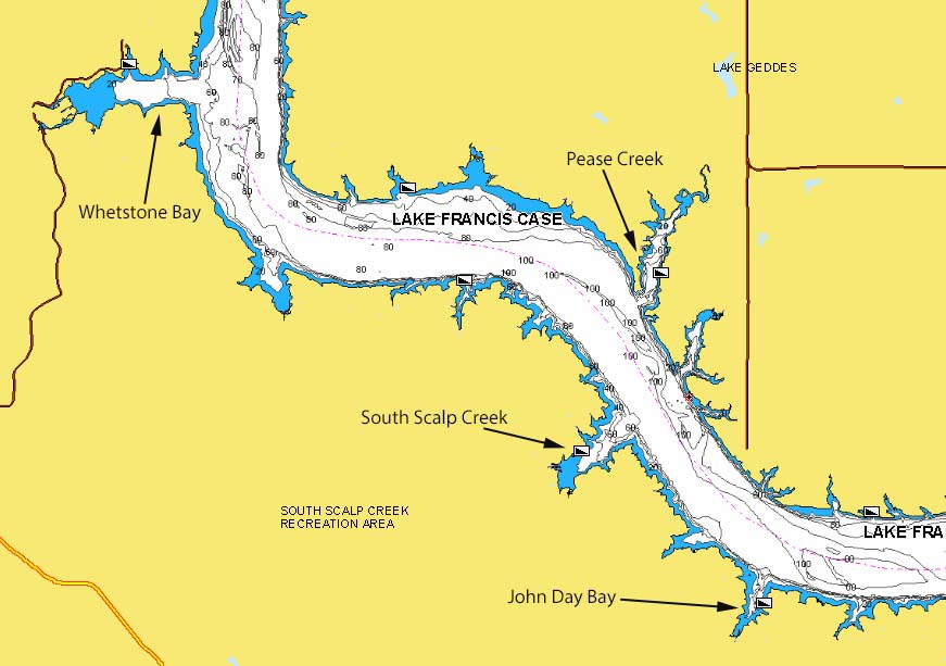 Sections of flooded timber on Lake Francis Case, SD marked.