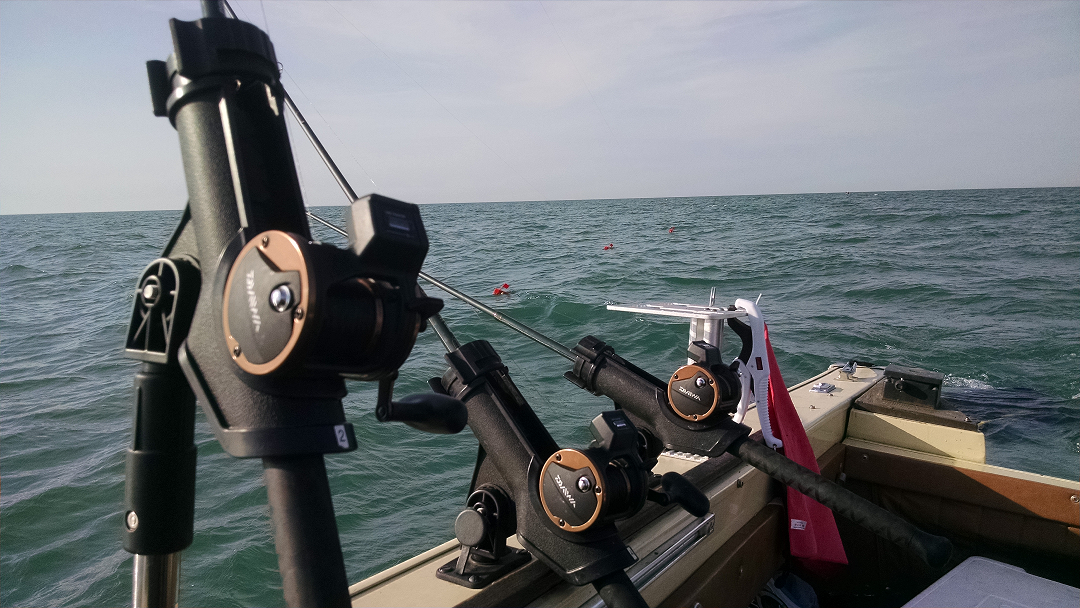 Down riggers set up on a boat for big water walleye fishing