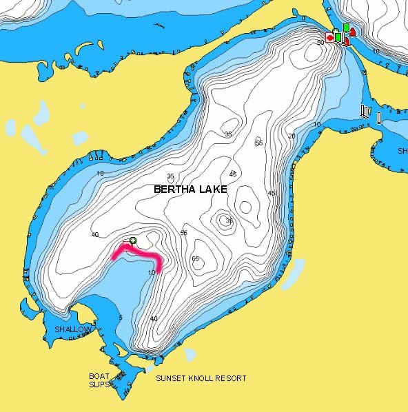 Whitefish Chain of Lakes, MN, Bertha Lake marked for fishing spots.