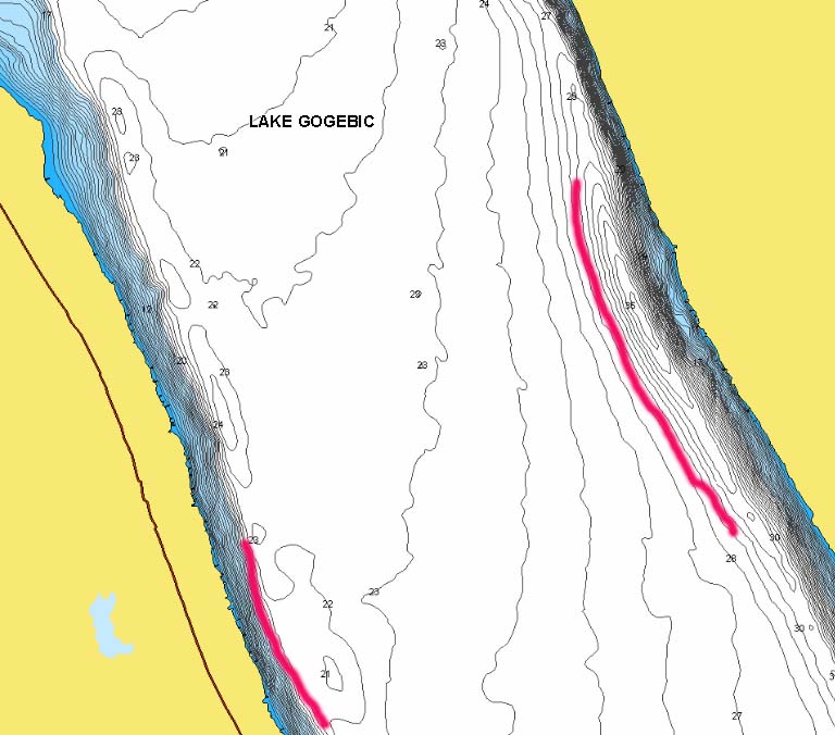 Lake Gogebic, MI lake map with break lines marked for fishing.