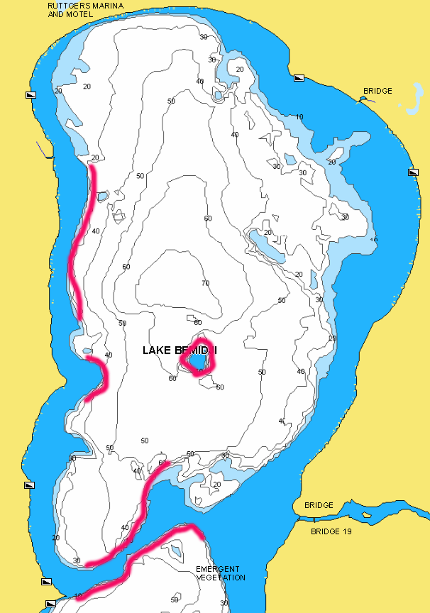 West shore of Lake Bemidji marked with fishing spots.