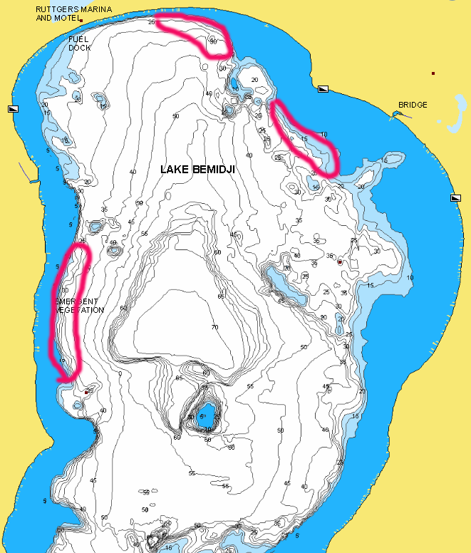 North section of Lake Bemidji marked for fishing spots.