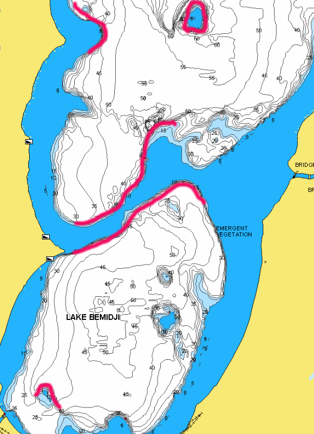 Main lake section of Lake Bemidji, MN with marked fishing spots.