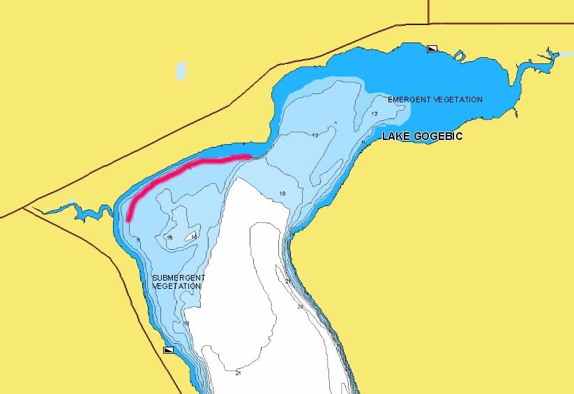 Northern shore of Lake Gogebic, MI, marked on a lake map.