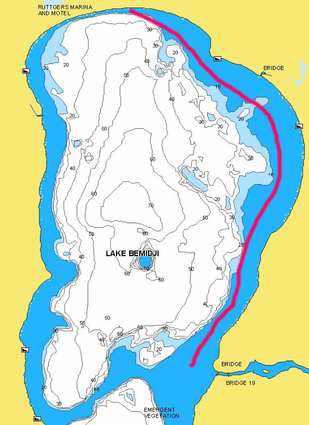 East side of Lake Bemidji with shoreline structure marked for fishing.