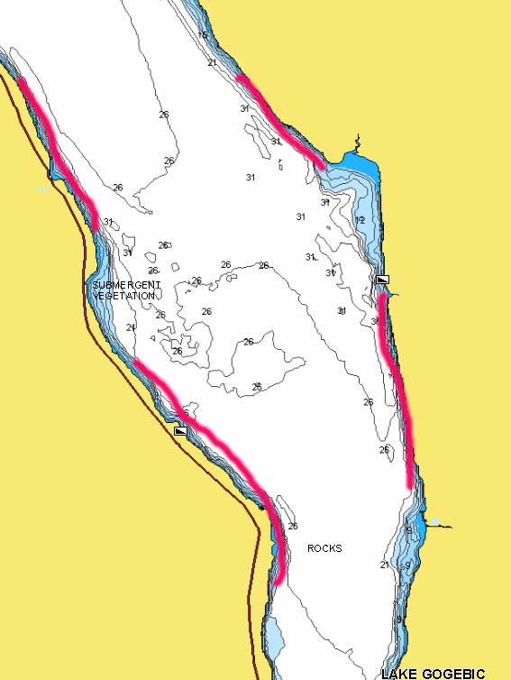 Lake Gogebic, MI lake map with fishing spots marked.