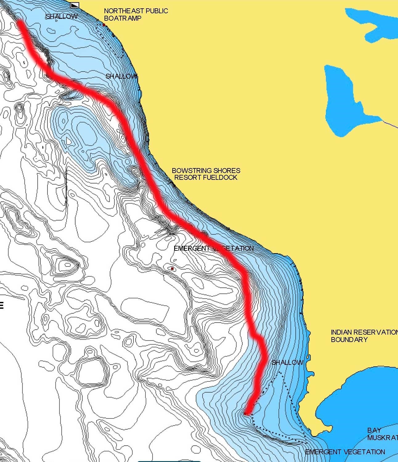 Bowstring Lake in Minnesota lake map with a key shoreline marked for fishing.