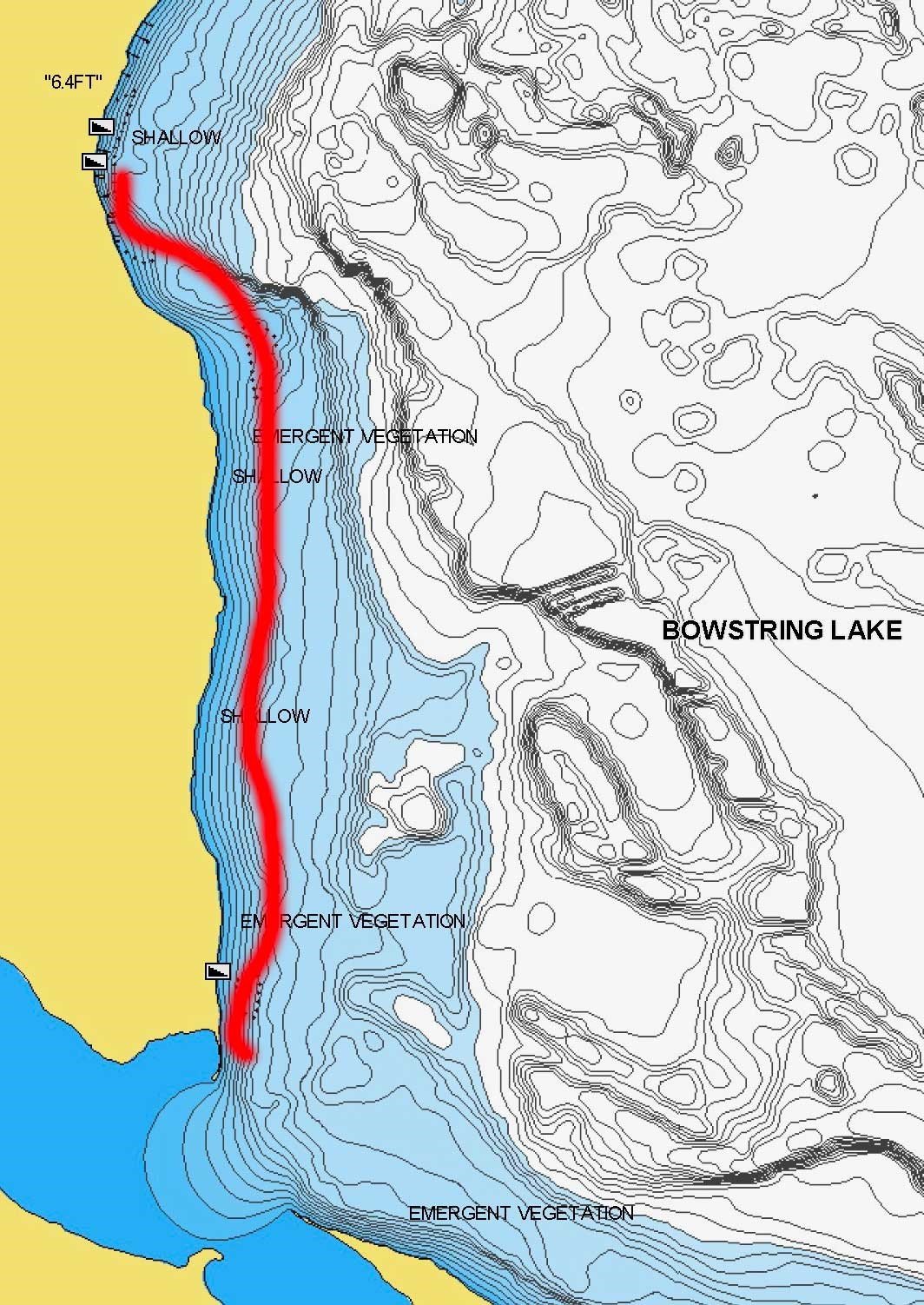 Bowstring Lake in Minnesota lake map with the western shoreline marked for fishing.