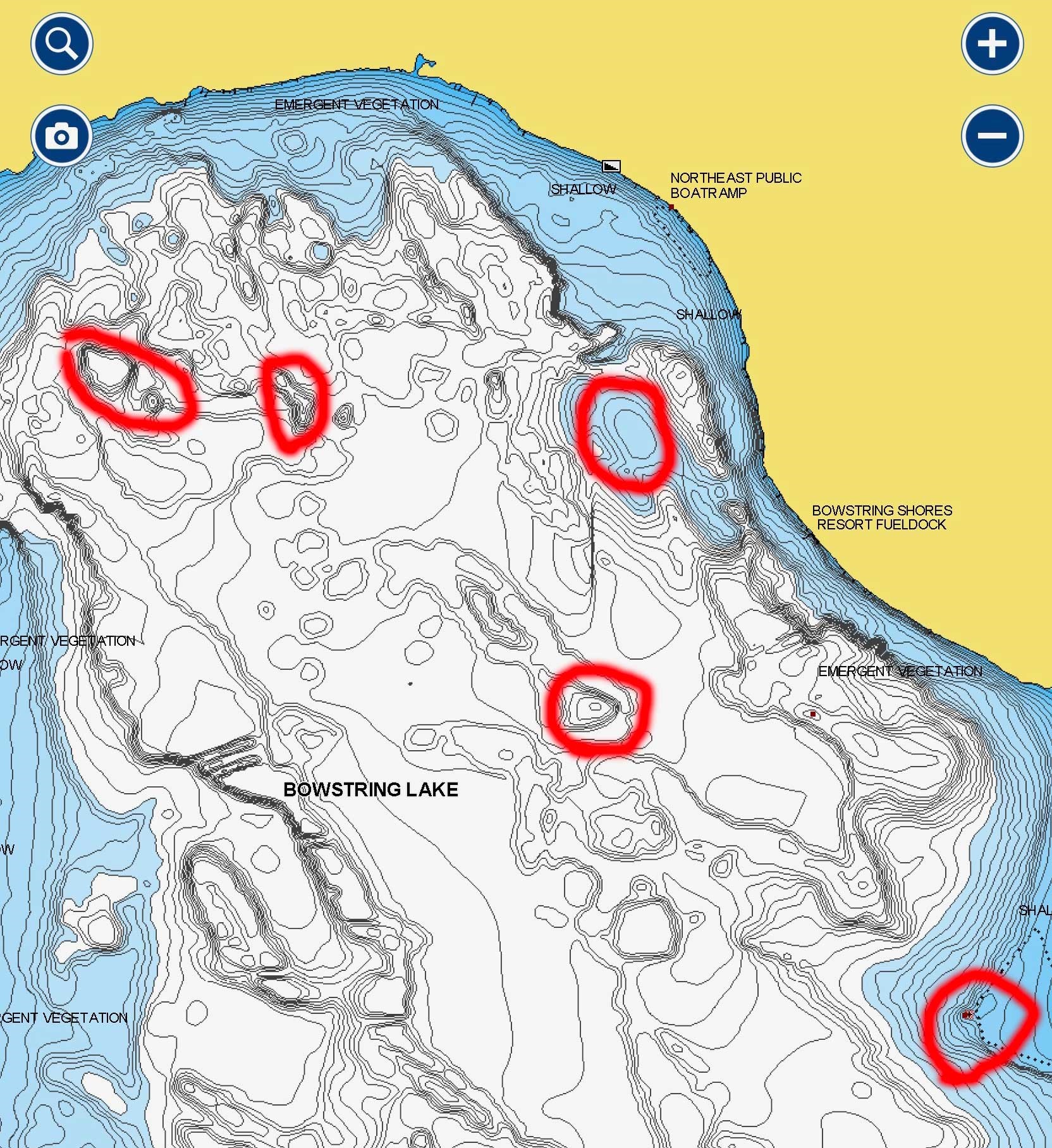 Bowstring Lake, Minnesota map with fishing hot spots marked.