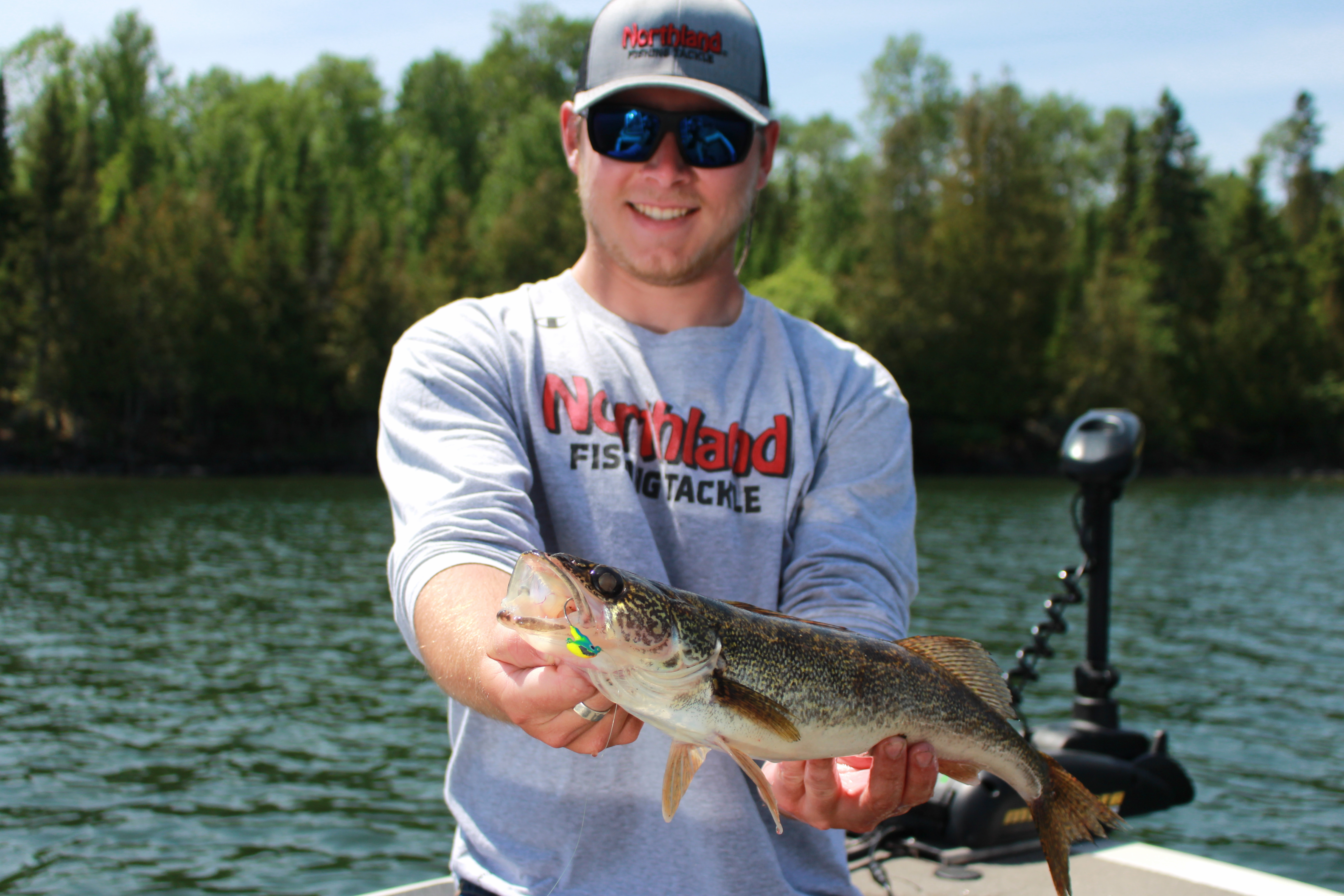 Fisherman holding up a walleye caught on a Northland Fishing Tackle Stand Up Fire Ball Jig.