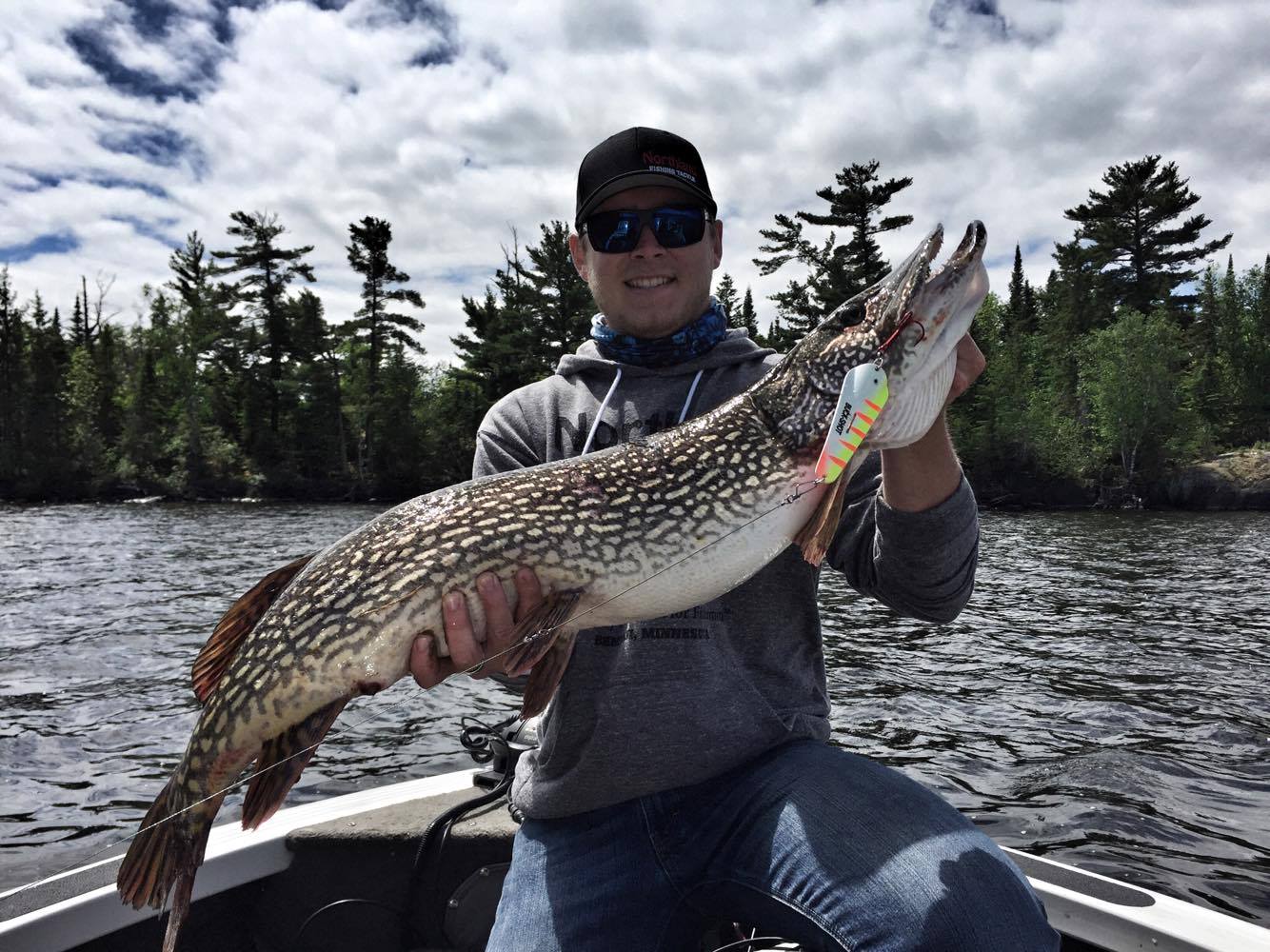 Angler holding up a northern pike caught on Lake of the Woods.