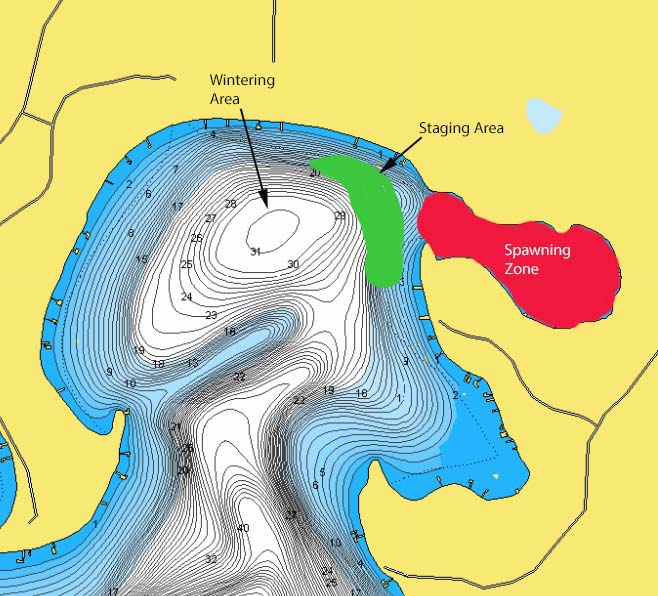 Lake map showing some areas to fish for spring crappie.