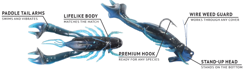 The Mimic Minnow® Critter Craw is grounded by a lead stand-up style jig head and features a premium hook with quality wire guard for around weeds and cover. 