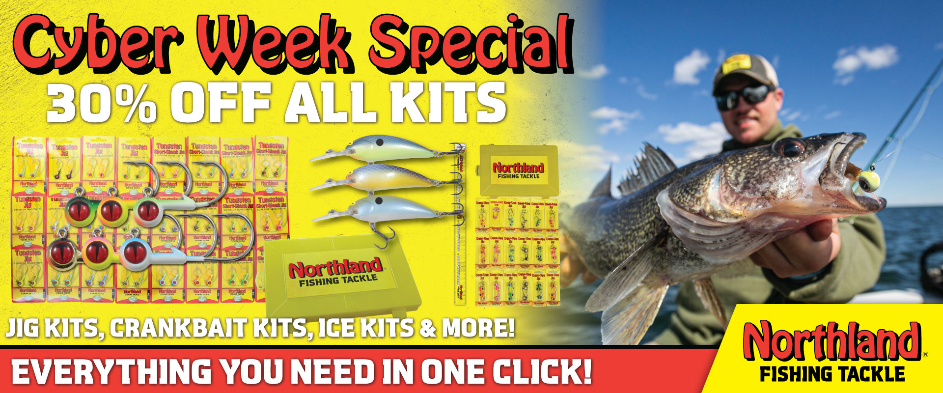 Northland Fishing Tackle 30% off sale on all fishing kits, jig kits, ice-fishing kits, crankbait kits.