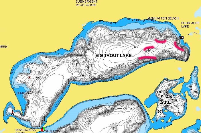 Whitefish Chain of Lakes, MN, Big Trout Lake marked for fishing spots.