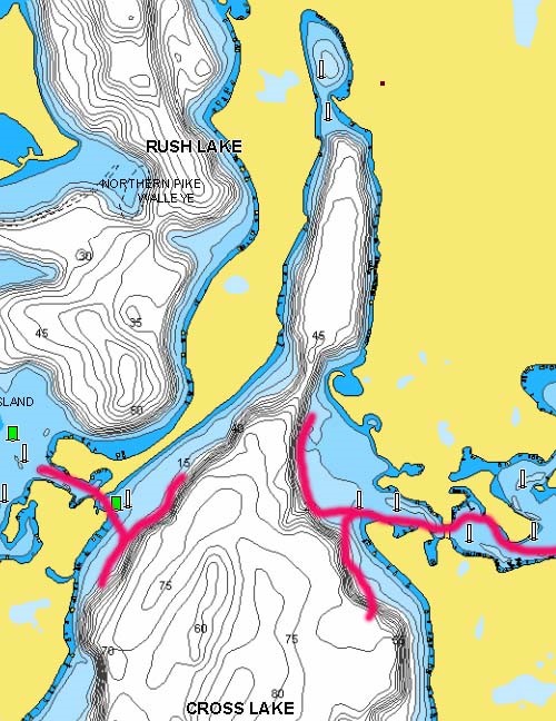 Whitefish Chain of Lakes, MN with fishing spots marked on Cross Lake.