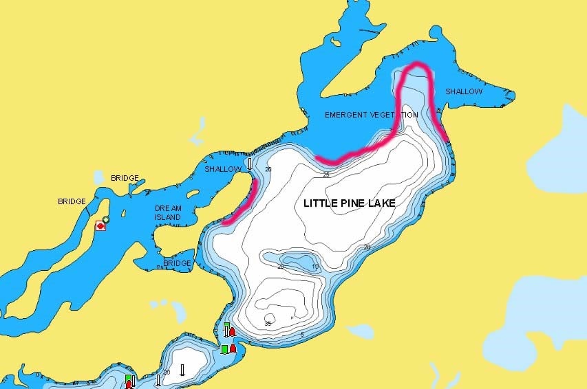 Little Pine Lake of the Whitefish Chain in Minnesota with fishing hot spots marked.