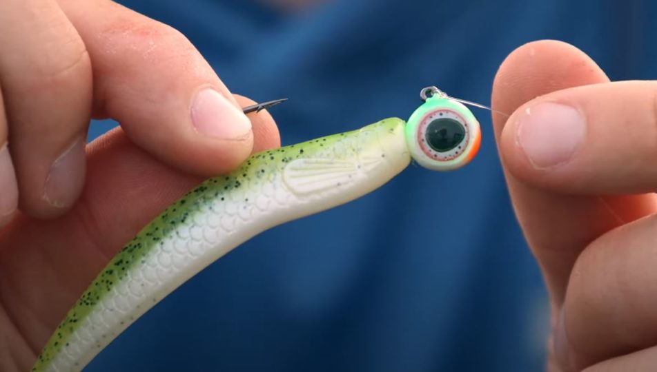 Deep-Vee jig with a soft plastic bait rigged on it