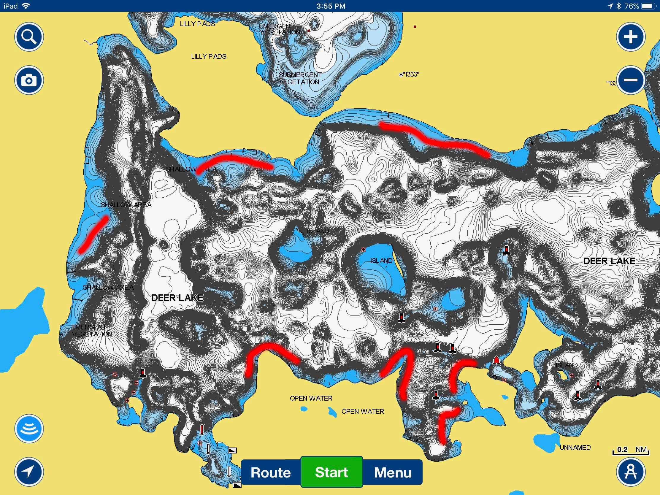 Deer Lake, Minnesota lake map with fishing hot spots marked.