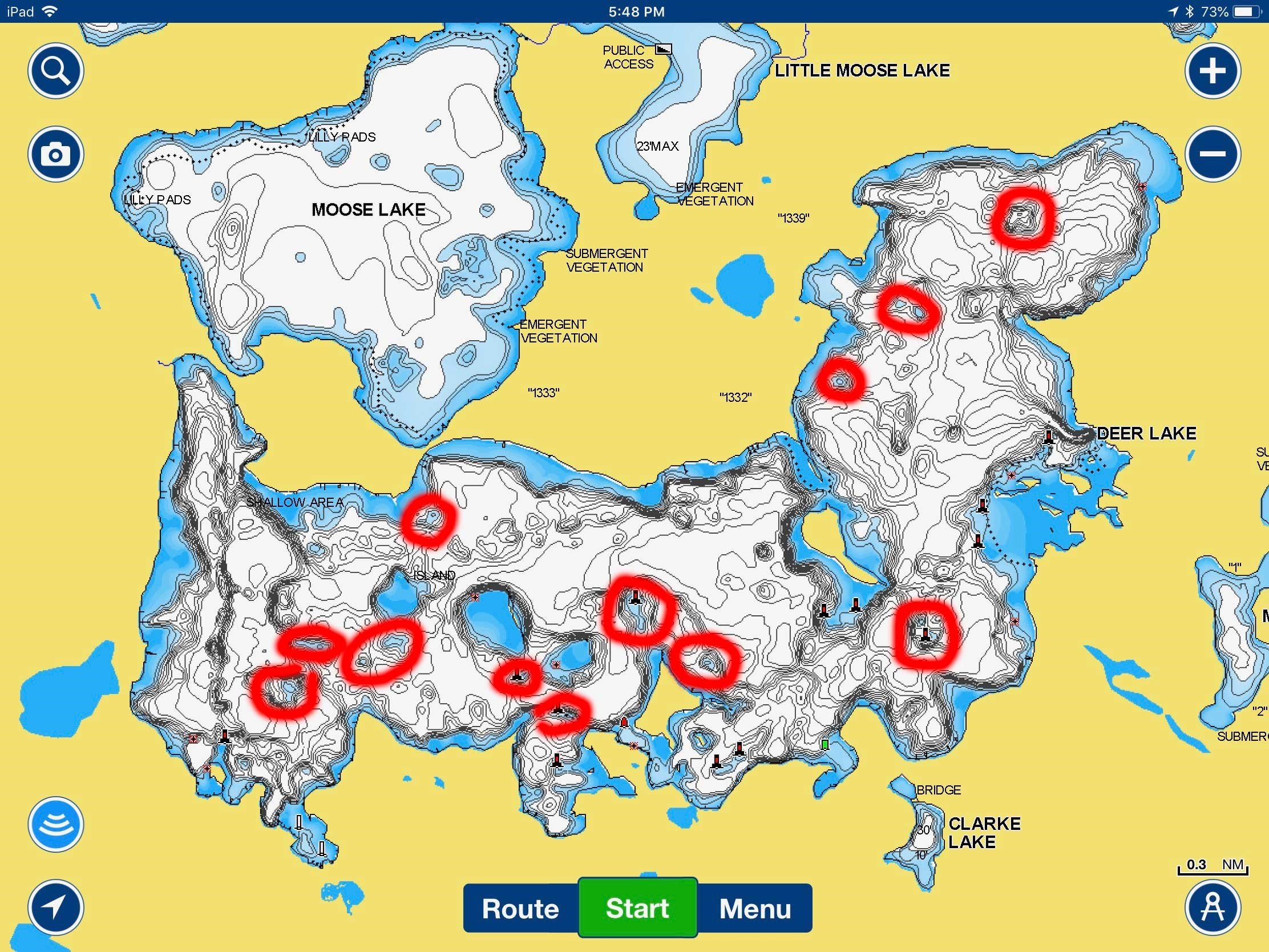 Deer Lake, Minnesota lake map with fishing hot spots circled.