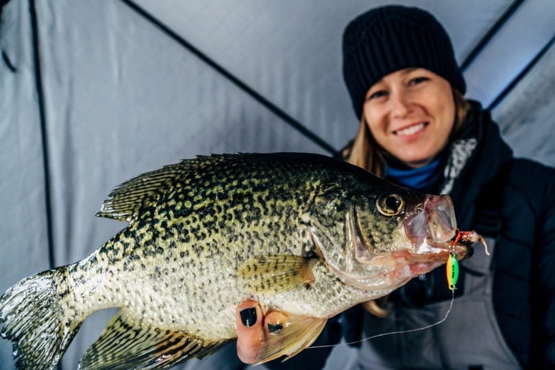 Female fisherman holding up a crappie she caught while ice fishing with a Northland Fishing Tackle jigging spoon.