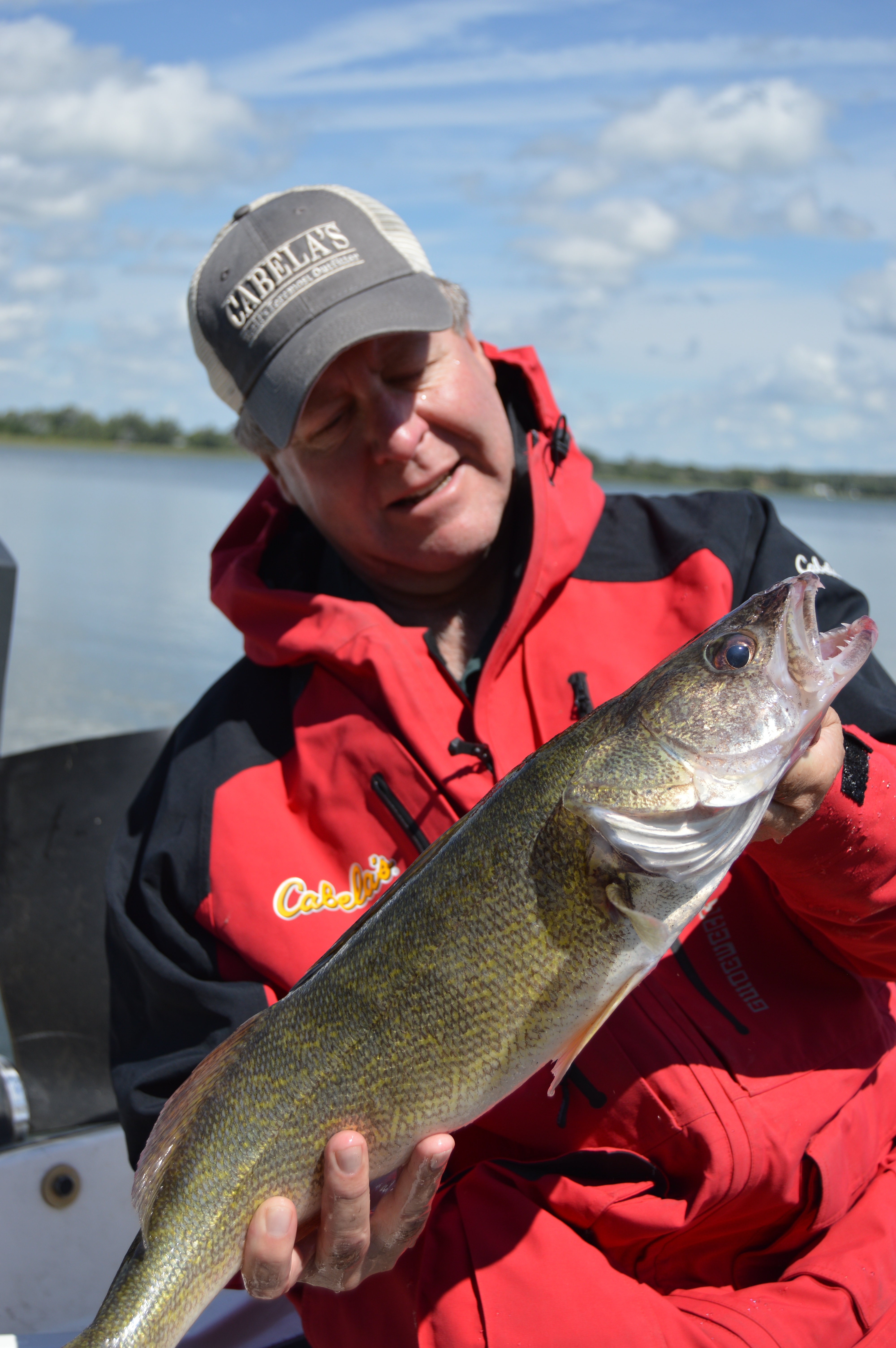 A fisherman holding up a walleye caught on a jig.