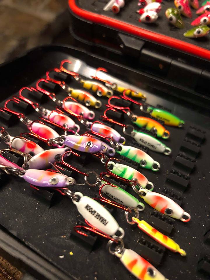 Angler's tackle box with Forage Minnow Spoons in it.