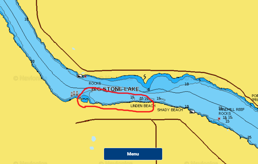 Linden Bearch area on Big Stone Lake, lake map circled.