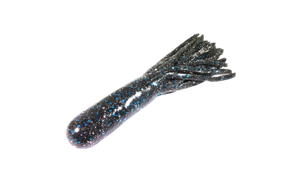 Soft plastic tube bait, black with blue flake.