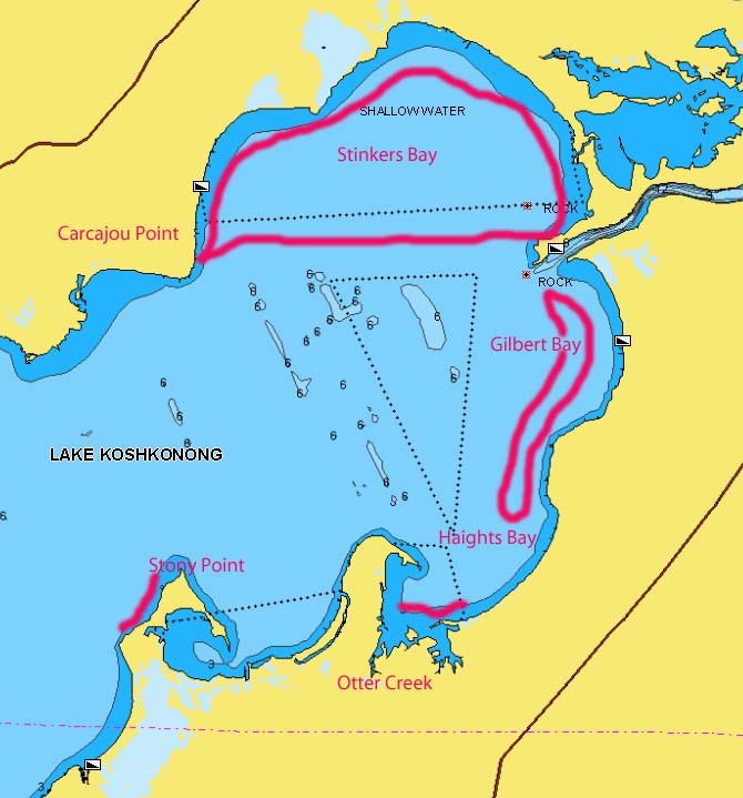 Stinkers, Gilbert and Haights Bay's on Lake Koshkonong marked.