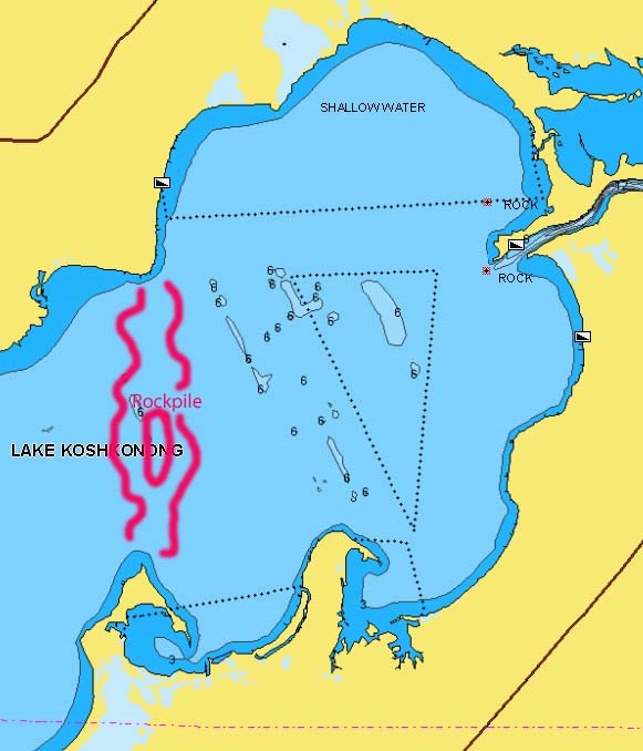 A rock pile marked on Lake Koshkonong, WI lake map.