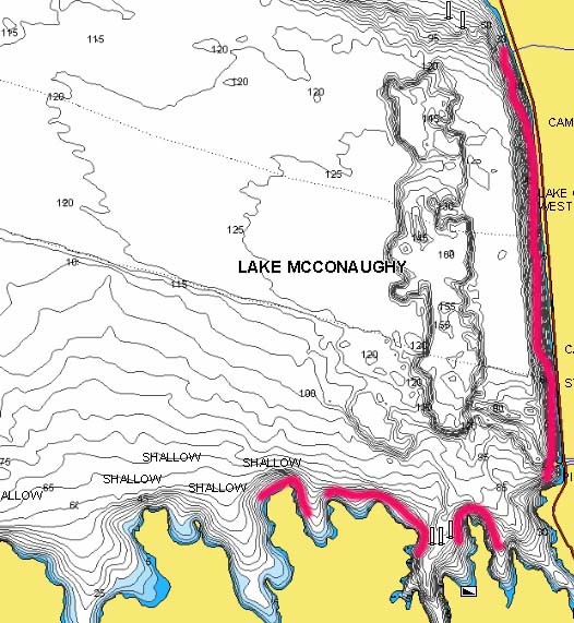 Western shore of Lake McConaughy, NE highlighted, along with main lake points in the SW corner.