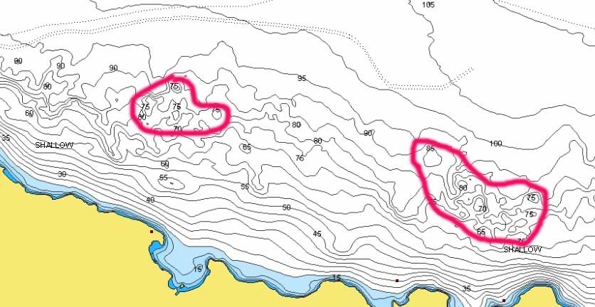 Main lake humps on Lake McConaughy, NE circled.